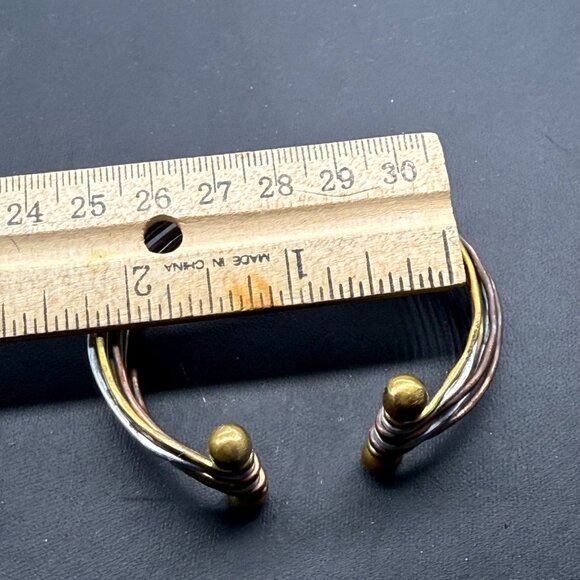 Handcrafted Multitone Open Cuff Bracelet With Gold Copper & Silver Plated Wavy S - Picture 7 of 7